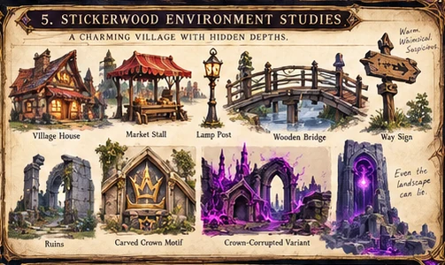 Stickerwood environment studies: village house, market stall, lamp post, wooden bridge, way sign, ruins and Crown-corrupted variants