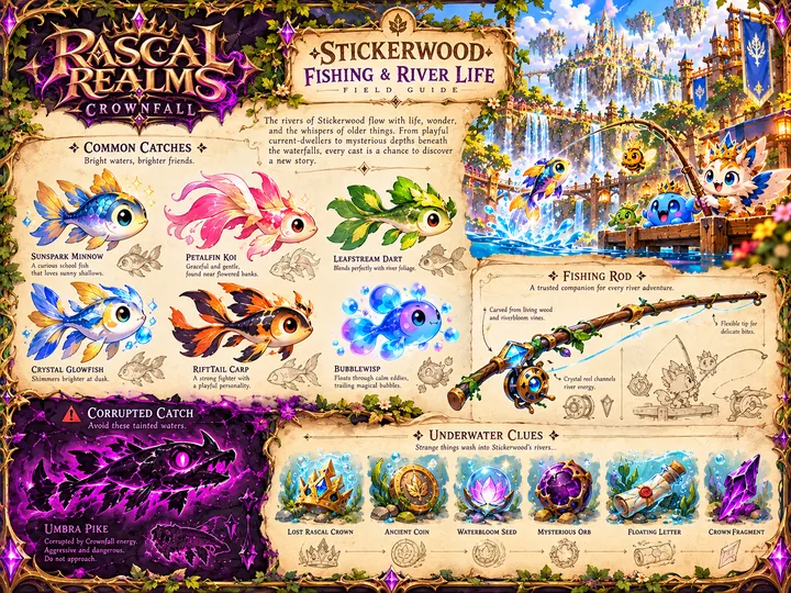 Stickerwood fishing and river life concept sheet with common catches, a corrupted catch, a fishing rod and underwater clues