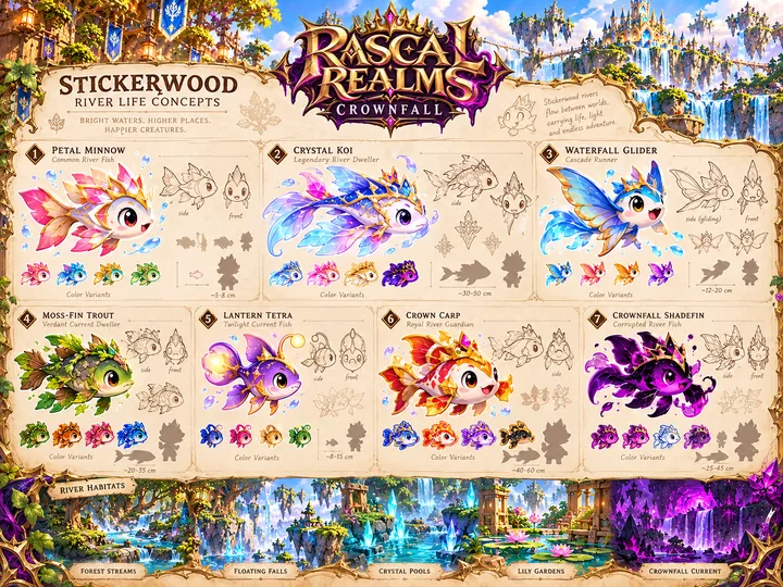 Stickerwood fish families concept sheet, from bright river fish to a corrupted Crownfall shadefin