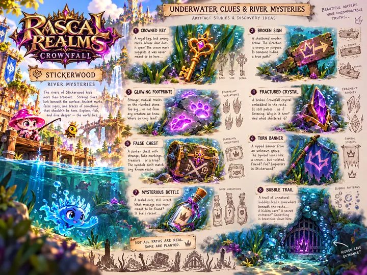 Stickerwood river mysteries concept sheet: a crowned key, a broken sign, glowing footprints and a hidden cave beneath the water