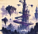 An impossible spiral tower among floating rocks, glimpsed