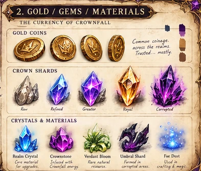 Gold coins, Crown Shards, crystals and upgrade materials concept study