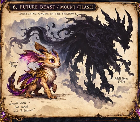 A juvenile creature beside the shadowed silhouette of its much larger possible adult form