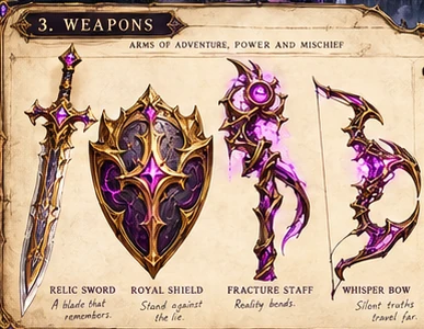 Signature weapon concepts: the Crown Knight's Relic Sword and Royal Shield, the Glitchcaster's Fracture Staff and the Shadow Ranger's Whisper Bow