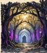 A forest path of identical arching trees