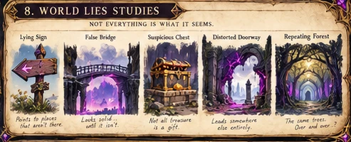 World Lies concept studies: a lying sign, a false bridge, a suspicious chest, a distorted doorway and a repeating forest