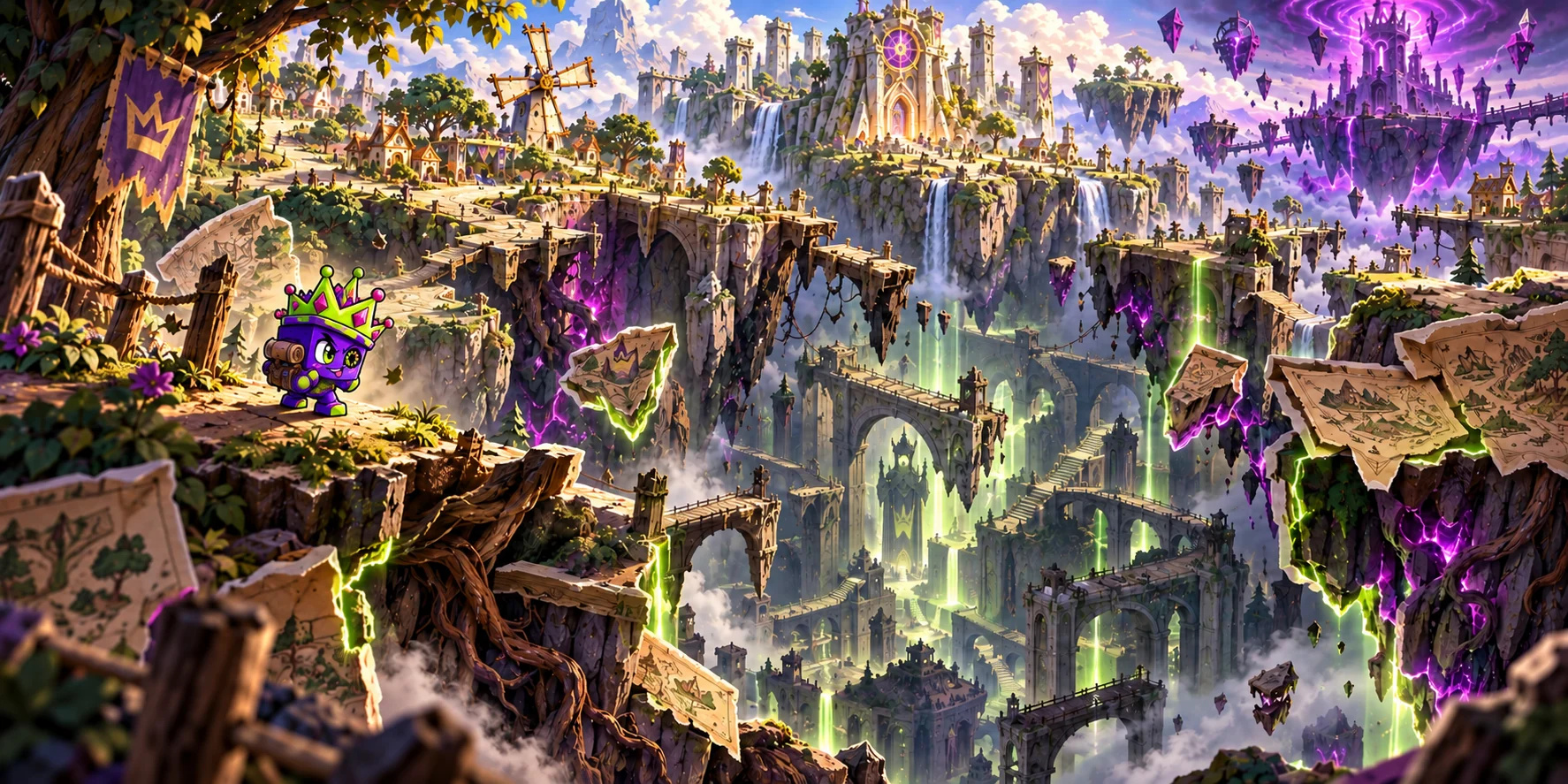 Stickerwood splitting open to reveal a buried kingdom and purple Crown corruption beneath the realm
