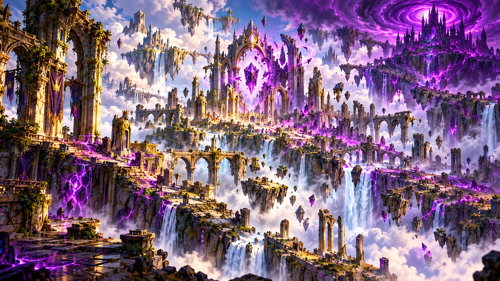 King Wrongway's citadel: dark spires beneath a violet storm, reached only by broken bridges