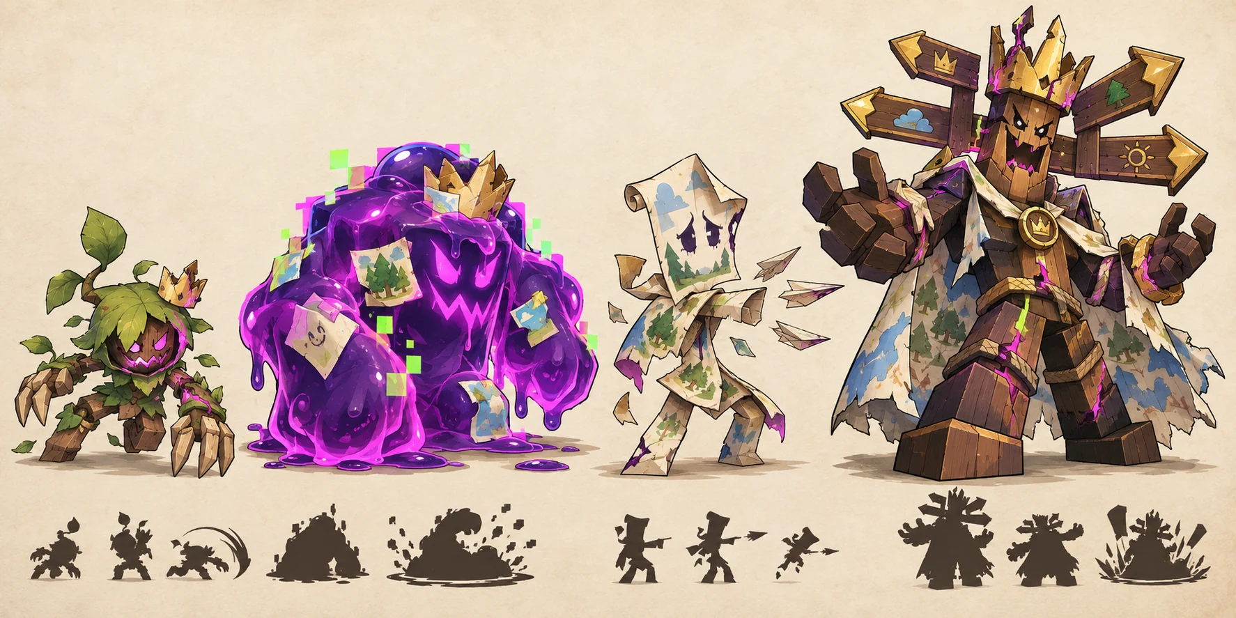 Concept lineup of Crown-corrupted enemies and King Wrongway