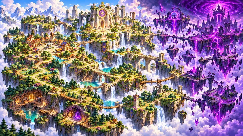 Illustrated concept map of Stickerwood, the first realm, from Starting Village up to King Wrongway Citadel
