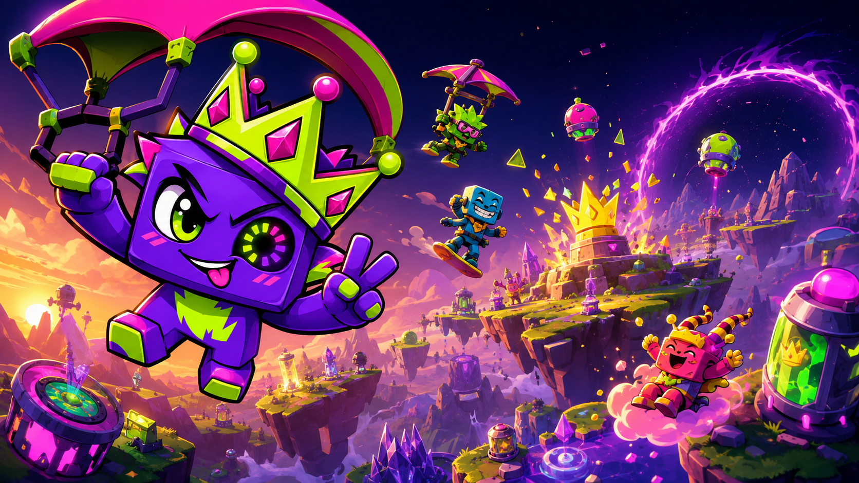 Razz glides toward a colorful floating-island competition.