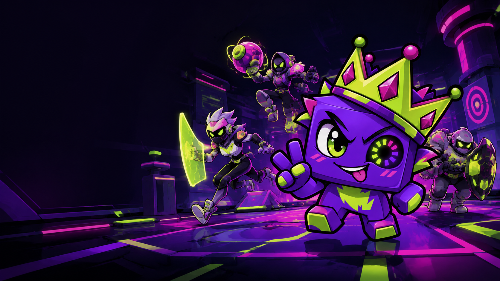 Razz leads an original neon tactical squad through a training arena.